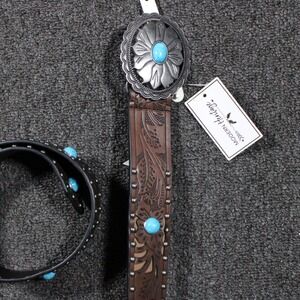 Modern Heritage Western Belt Womens L/XL Brown Turquoise Tooled Studded NEW Wide